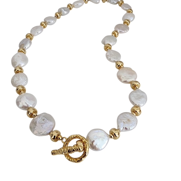 Coin Pearl Necklace Gold Accent Beads Toggle Clasp A0369 Q7 - Picture 8 of 15